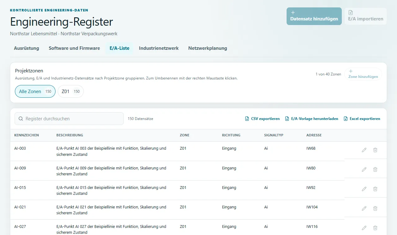 E/A-Register: Adressen, Signalarten, Skalierung, Fail-safe-Zustand und Feldbeziehungen verwalten.