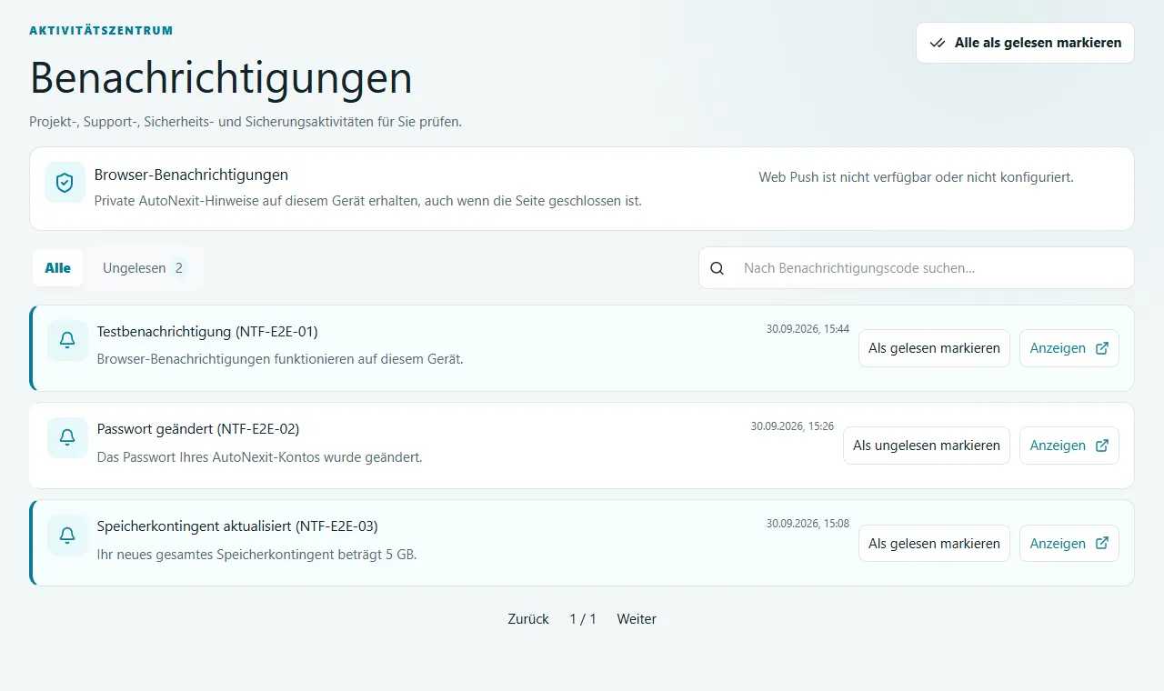 Echte lokalisierte Projektbenachrichtigungen im gemeinsamen Beispielkontext.