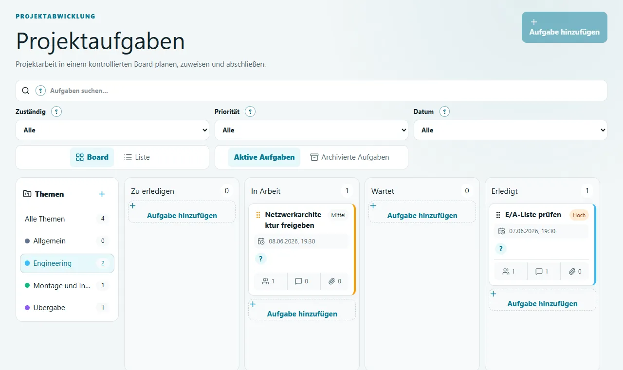 Projektaufgaben: Arbeit nach Thema, Zuständigkeit, Priorität und Termin mit Kommentaren und Anhängen planen.