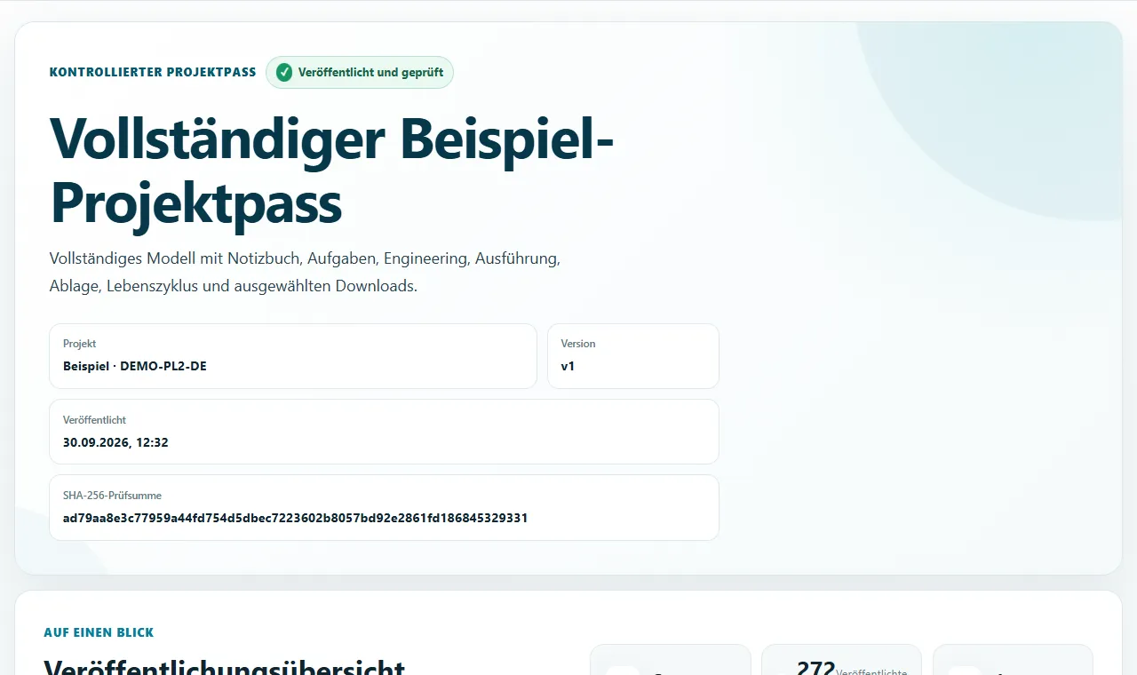 Öffentliche Ausgabe des gemeinsamen Beispiel-Projektpasses, erzeugt aus seiner kontrolliert veröffentlichten Version.