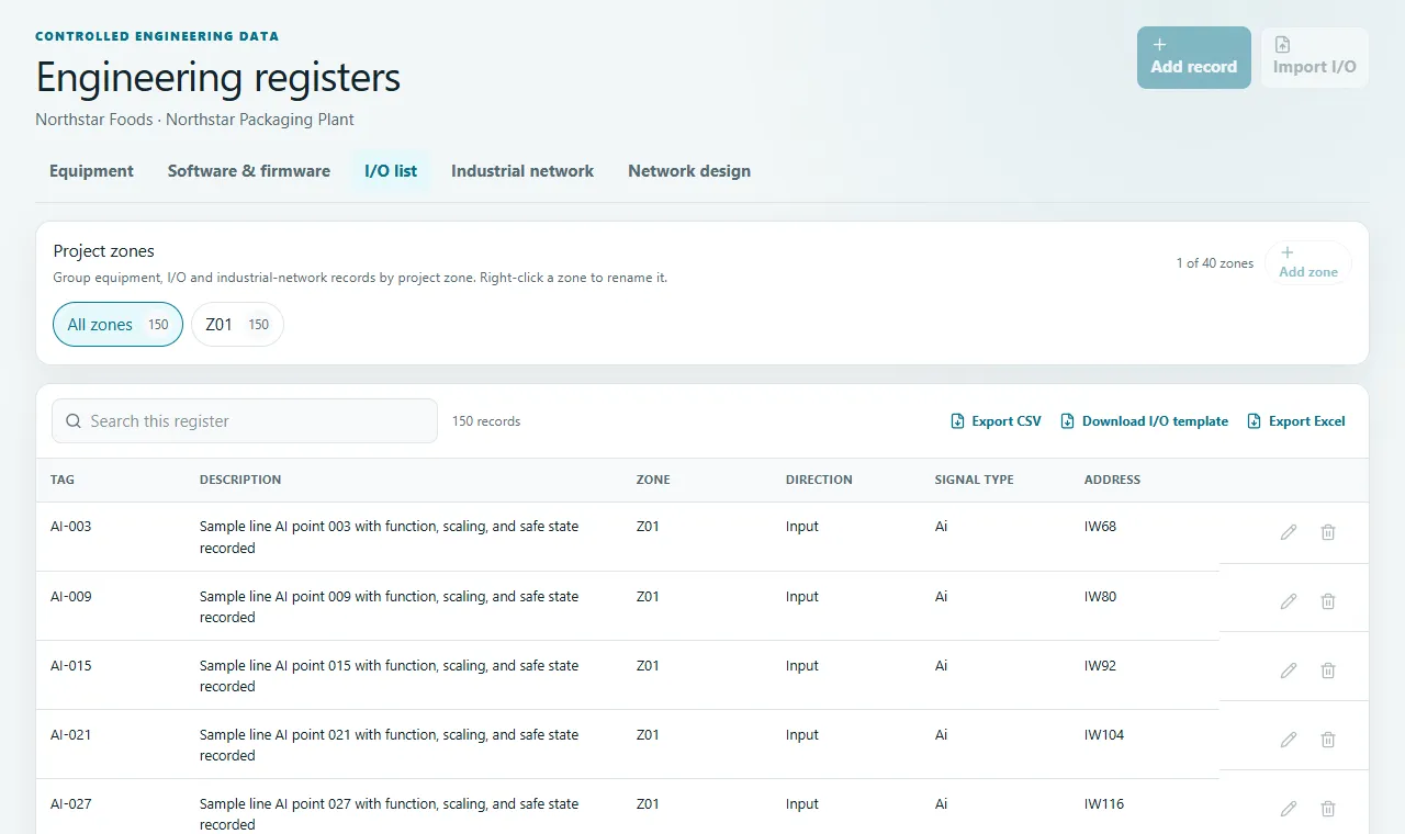 I/O register: Manage addresses, signal types, scaling, fail-safe state and field relationships.