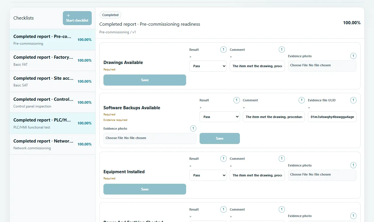 Checklists: Run versioned FAT, SAT, panel, PLC/HMI, network and pre-commissioning checks.