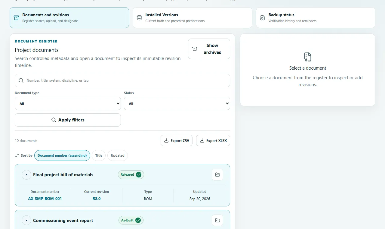 Documents and revisions: Register documents, upload immutable revisions and follow their complete timeline.