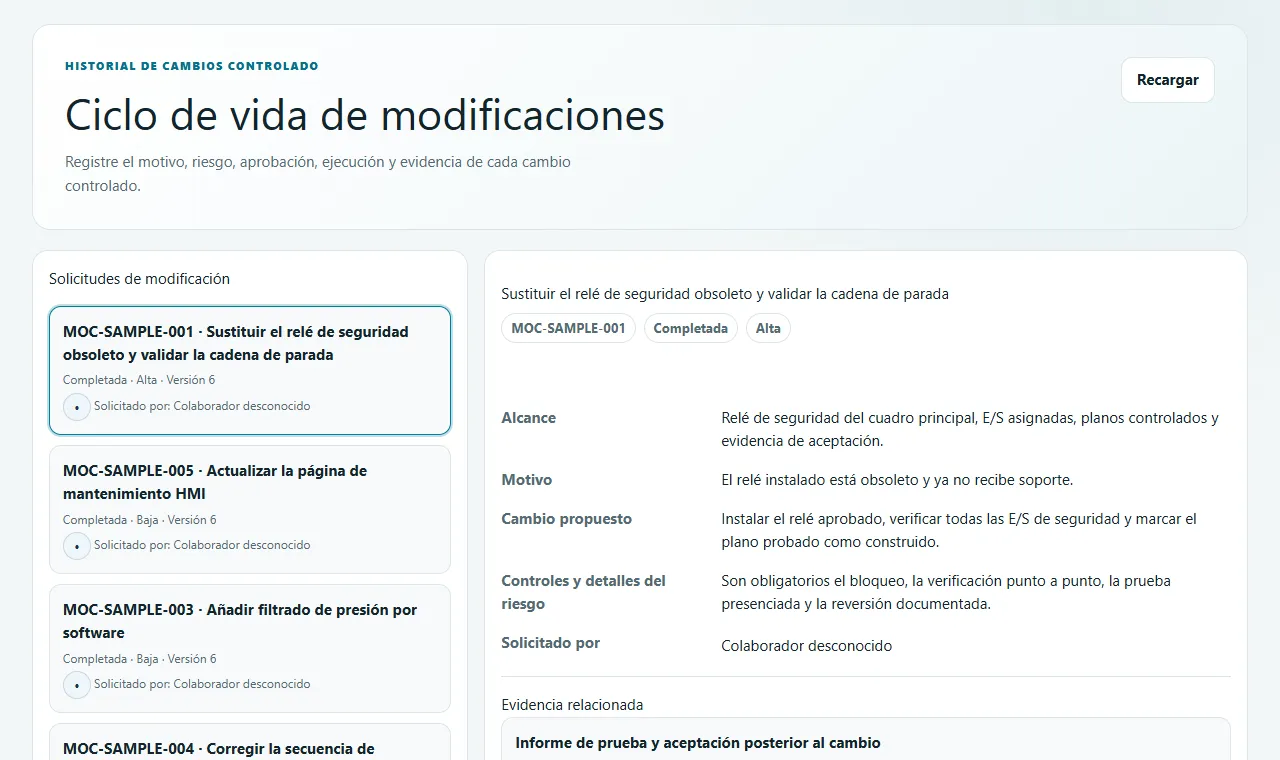 Registro localizado del ciclo de vida con impacto, estado y evidencia de ingeniería.