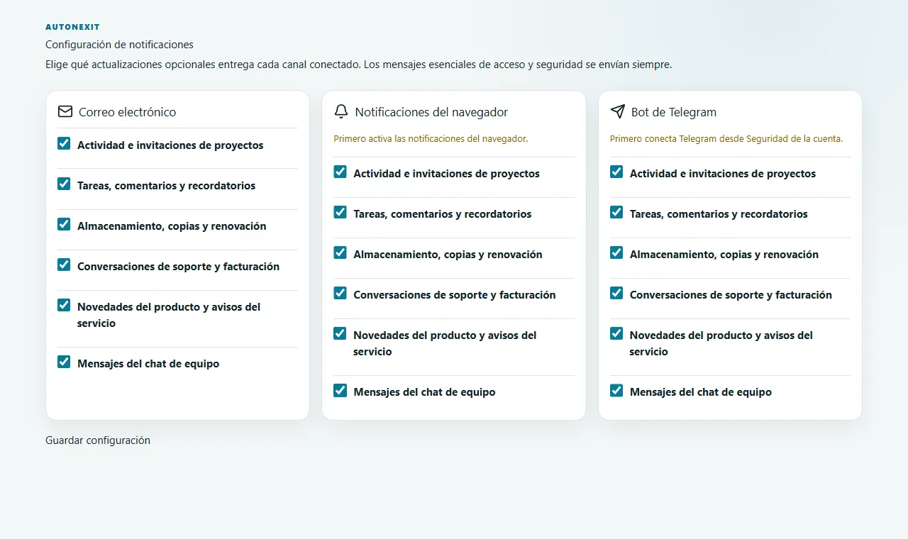 Elegir email, Web Push y Telegram