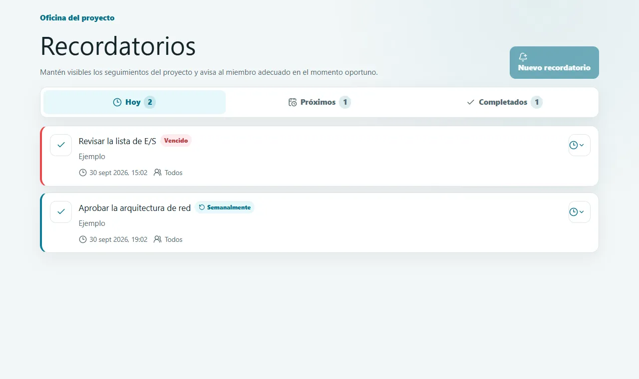 Recordatorios: Programa seguimientos personales o del proyecto y mantén visibles los vencimientos.