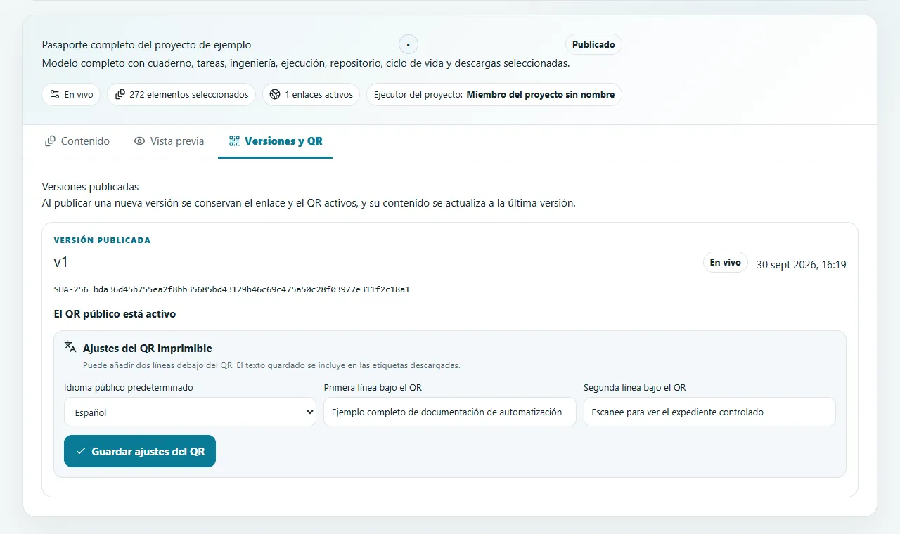 Publicación controlada, QR y etiquetas: Define responsable, caducidad, acceso y descargas, y emite un enlace corto revocable con etiquetas PNG, SVG y PDF.