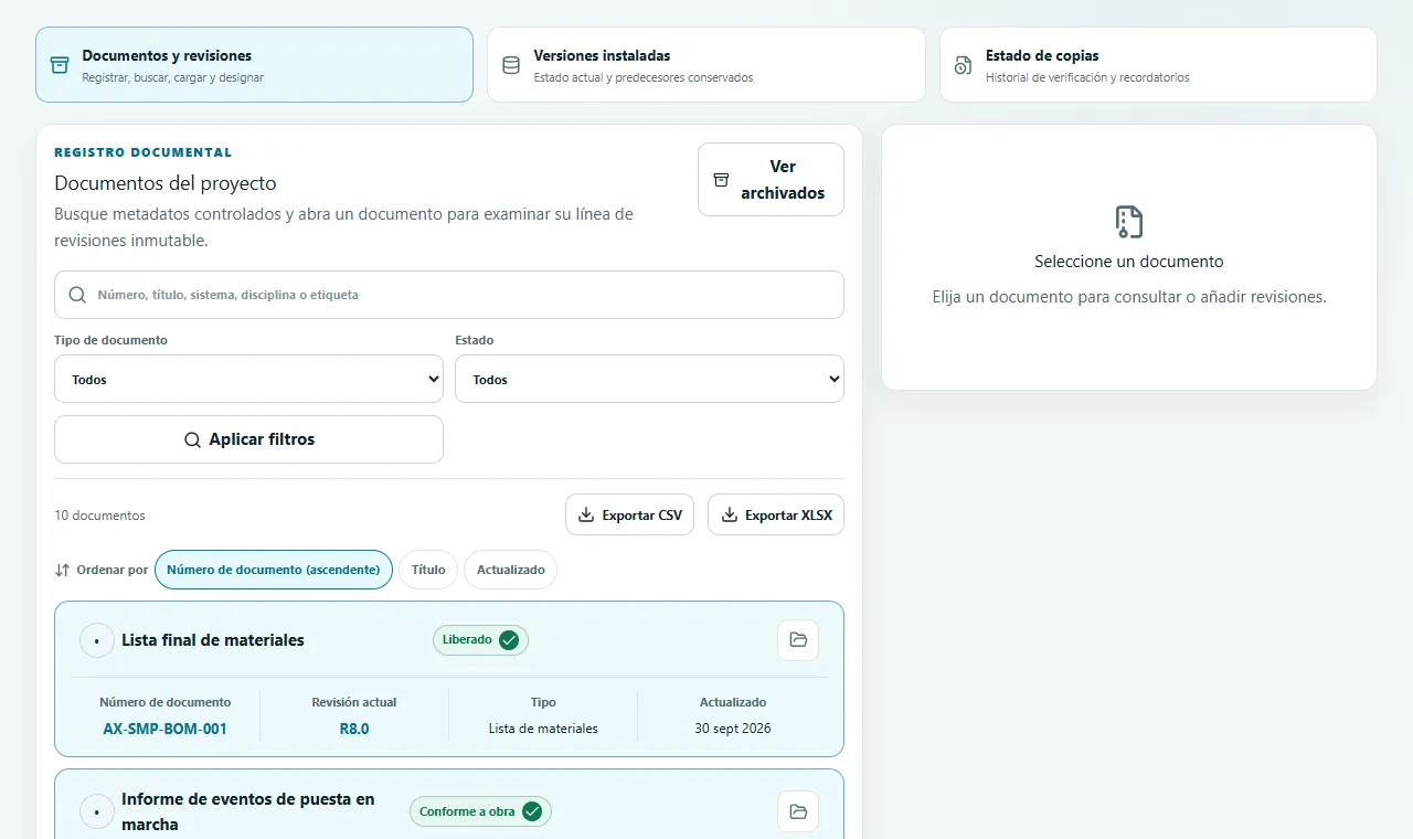 Documentos y revisiones: Registra documentos, carga revisiones inmutables y sigue toda su cronología.
