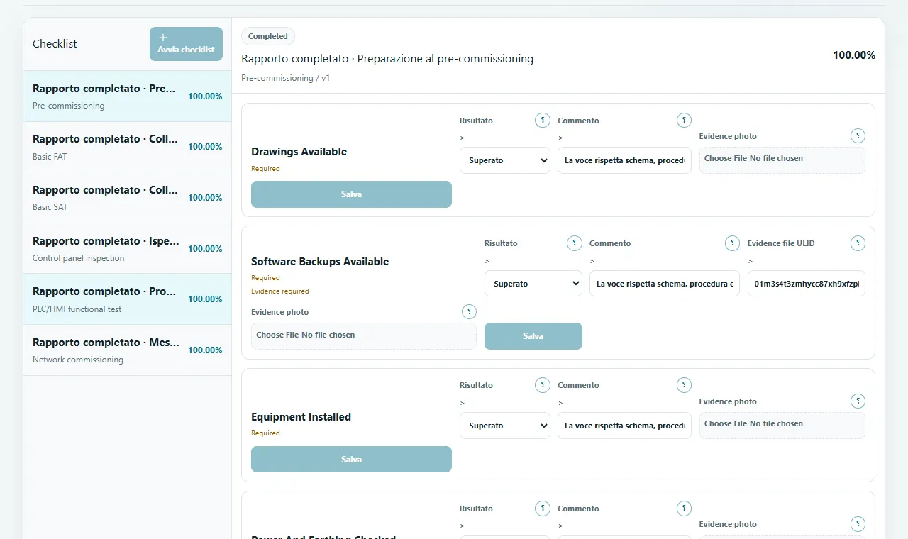 Checklist: Esegui controlli versionati FAT, SAT, quadro, PLC/HMI, rete e pre-commissioning.