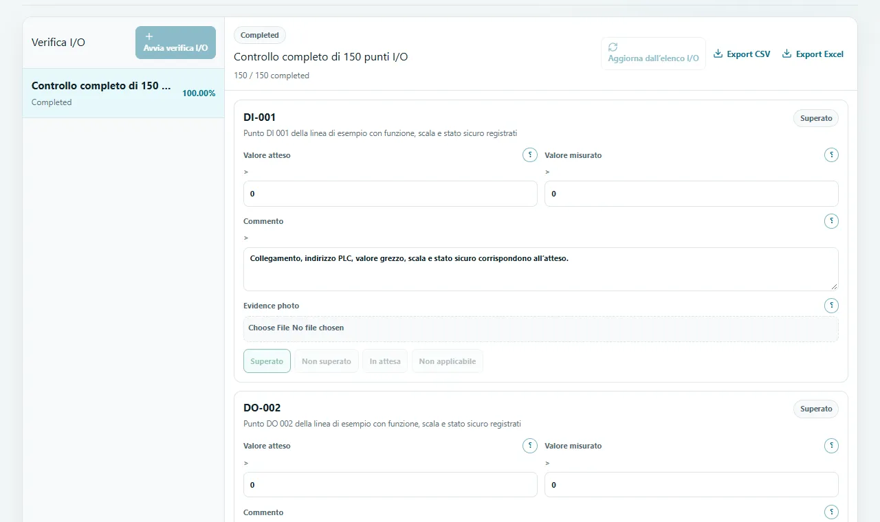 Collaudo I/O: Registra Superato, Fallito, In attesa o Non applicabile sui punti controllati.