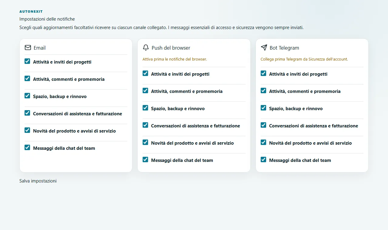 Scegliere email, Web Push e Telegram