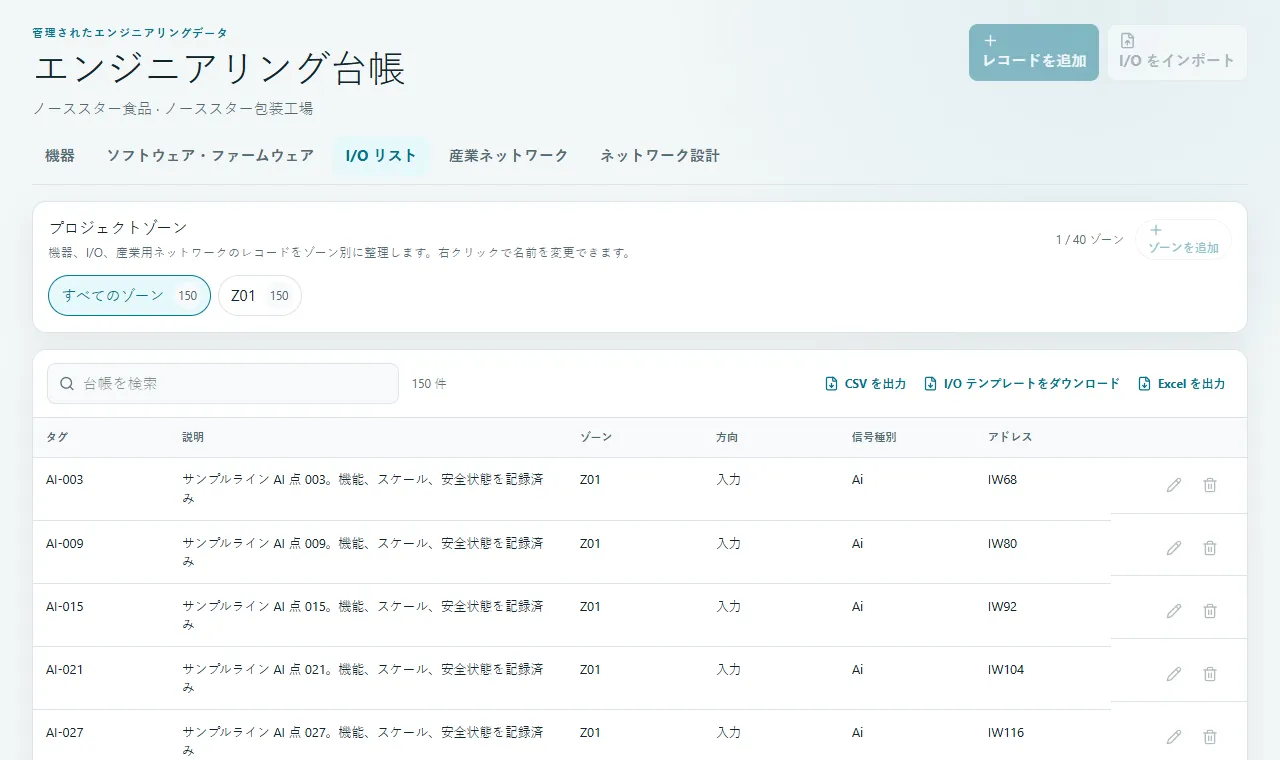 I/O 台帳: アドレス、信号種別、スケール、フェイルセーフ状態、現場関係を管理します。