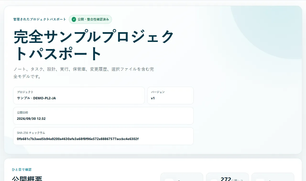 管理された公開版から生成された、共有サンプル Project Passport の実際の公開出力です。