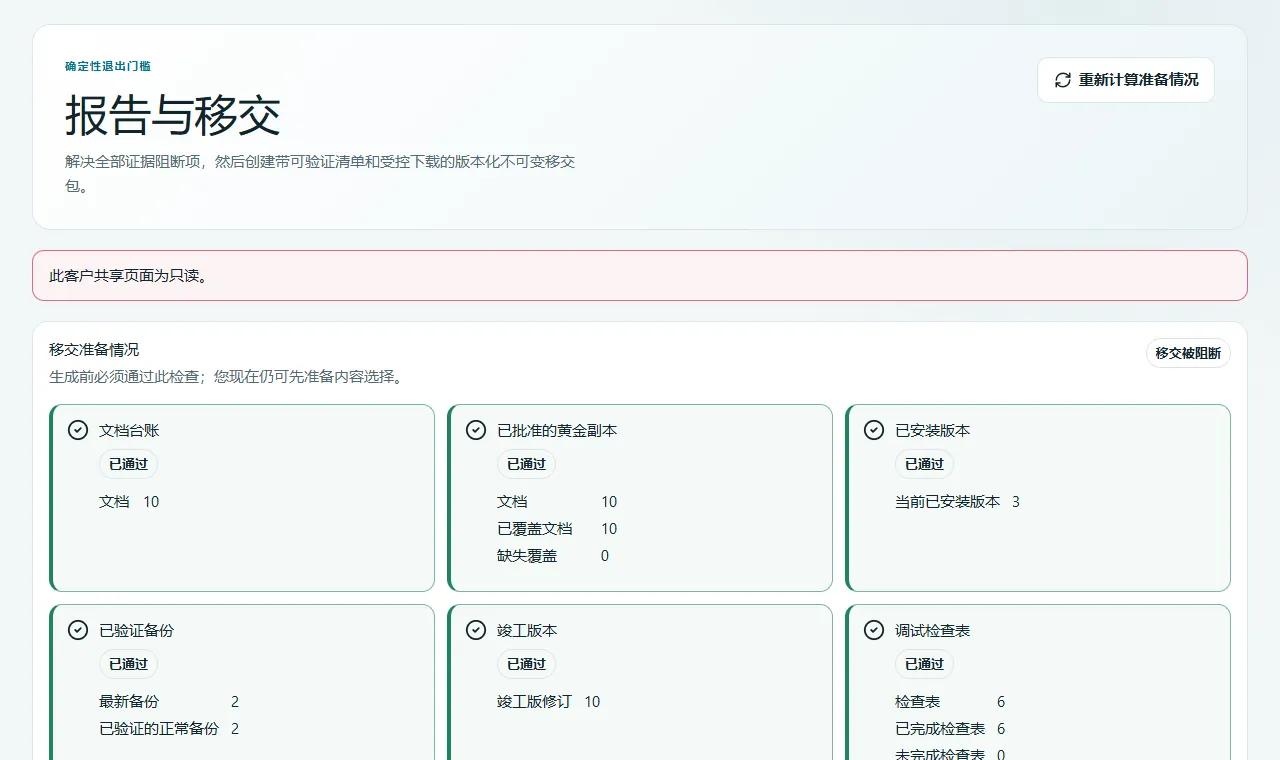 示例项目真实移交页面，包含就绪规则、选择和交付包历史。